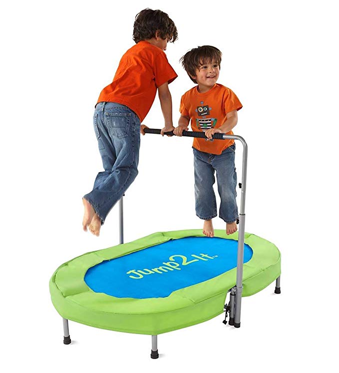 HearthSong® Jump2It Kids Portable 2 Person Mini Trampoline with Adjustable Central Handle and Protective Frame Cover