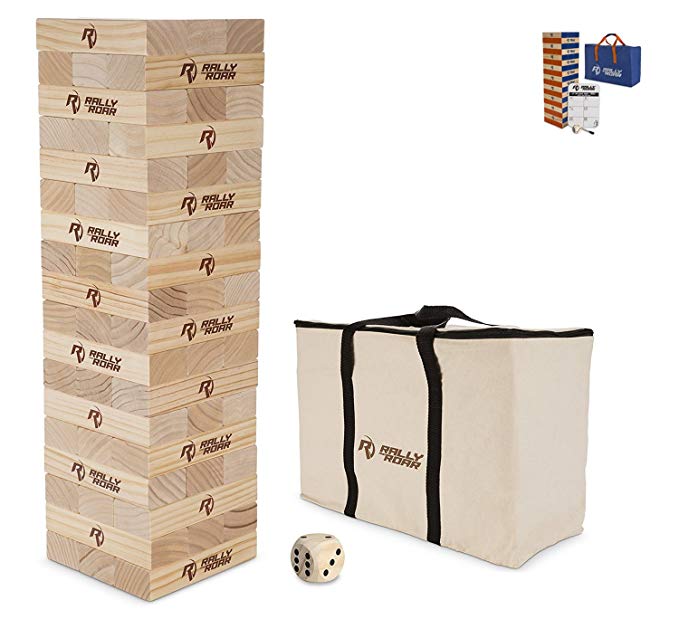 Rally & Roar Toppling Tower - Giant Toppling Tower Game – PREMIUM COLOR & CLASSIC WOOD Versions Available - For Adults, Kids, Family – Toppling Tower Set w/Canvas Bag