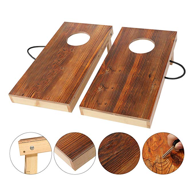 OOFIT Solid Wood Premium Cornhole Game Set Fashionable, Durable Printed Surface Underneath Junior Size 1' x 2' Bean Bag Toss Game Portable Indoor Outdoor Game