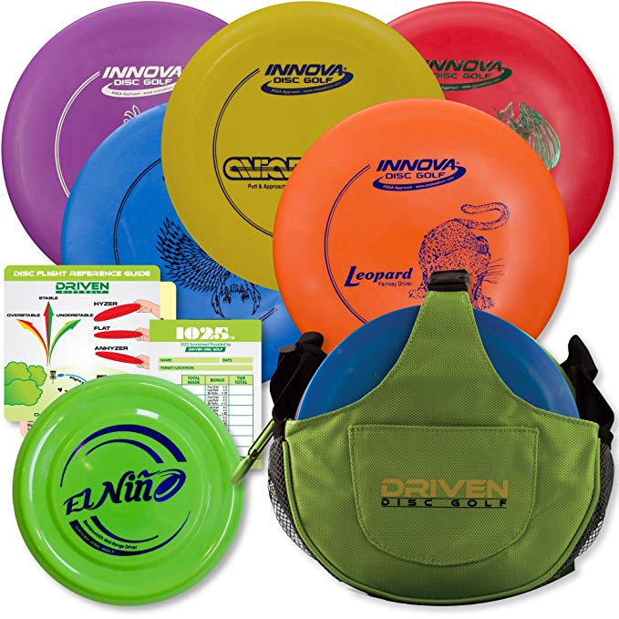 Innova Disc Golf Starter Set | Beginner Discs - DX Putter, Mid-Range, Driver - 1025 Putting Game - Flight Reference Card - Driven Mini Marker | Disc Colors Vary